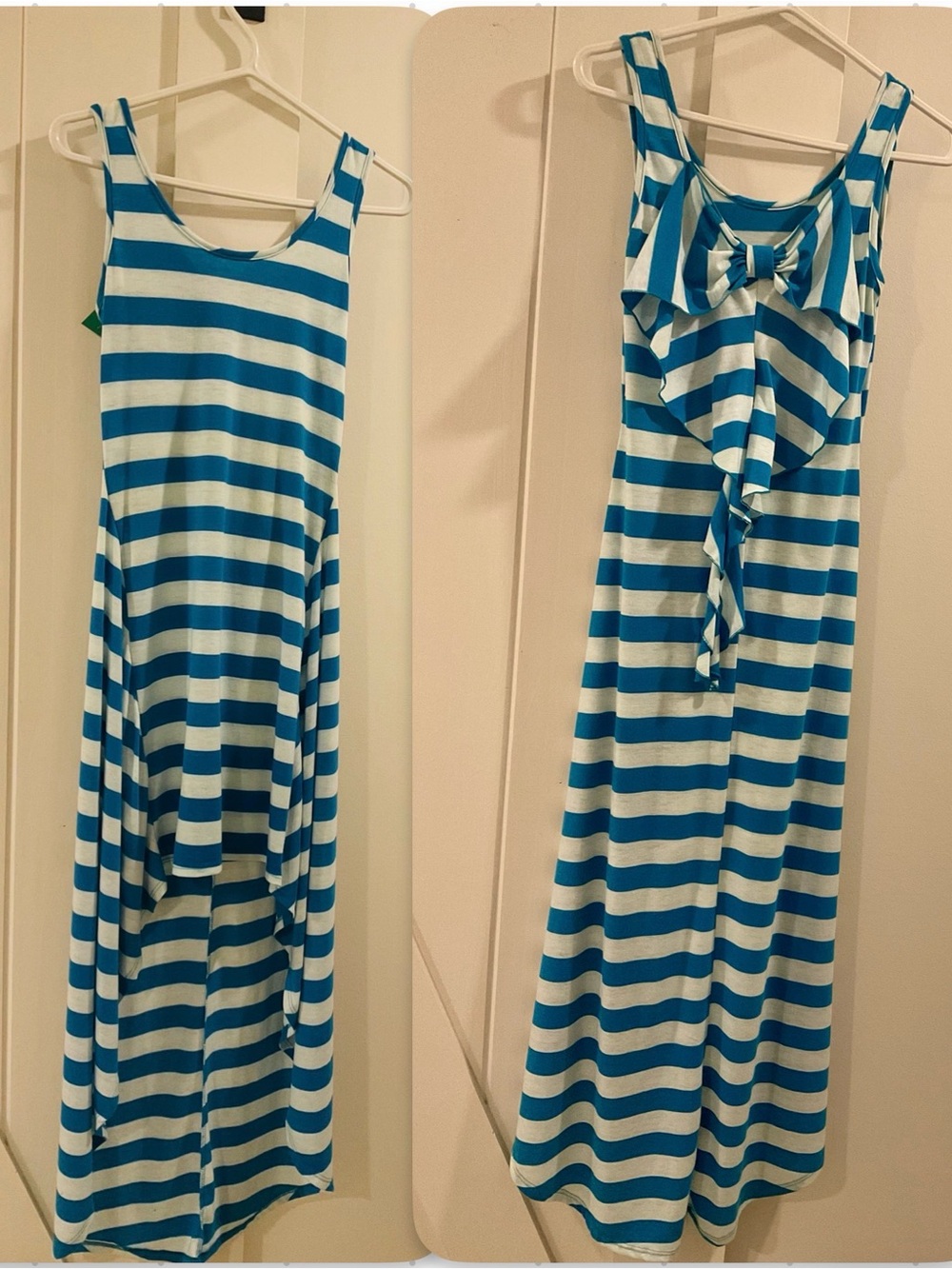 ***Luxe Striped  with ribboned back , High- low  Dress in Turquoise and White